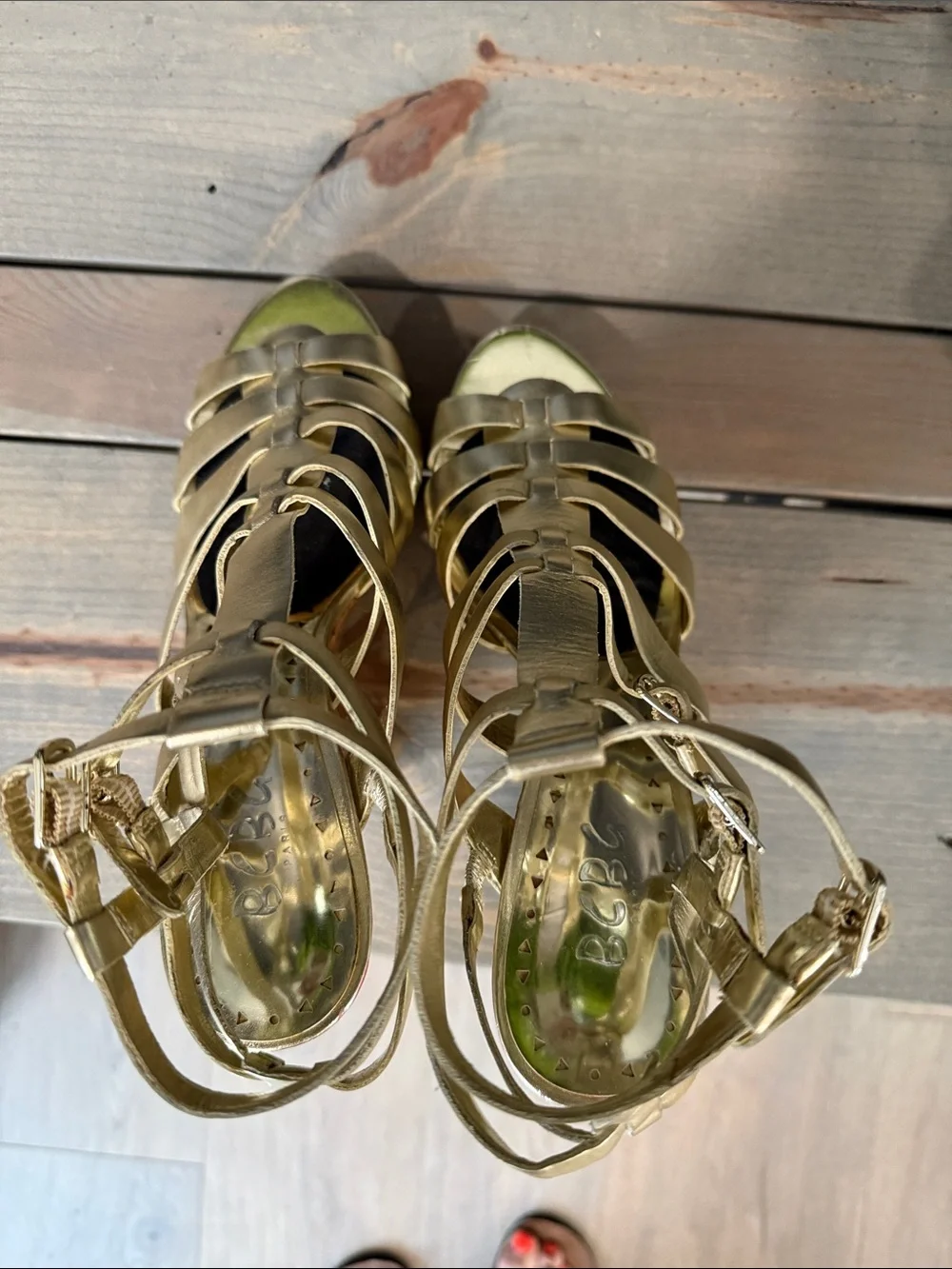 BCBG Metallic Gold Strappy Cork Wedge Sandals